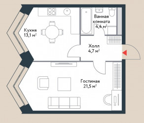Однокомнатная квартира 43.7 м²