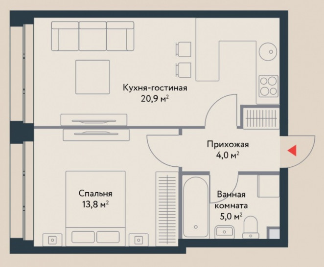 Двухкомнатная квартира 43.7 м²