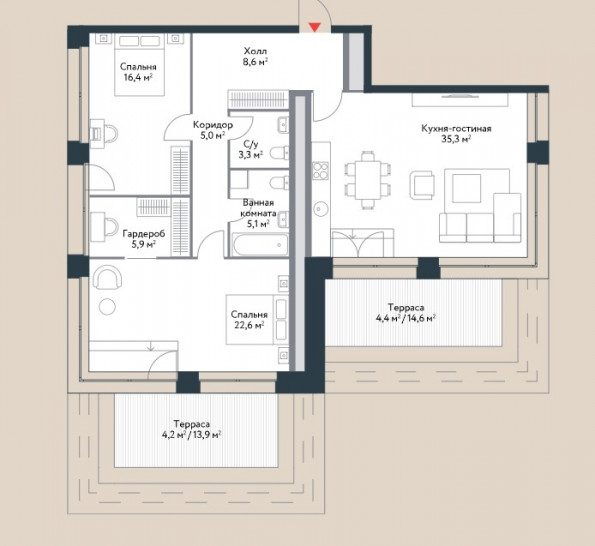 Трёхкомнатная квартира 110.8 м²